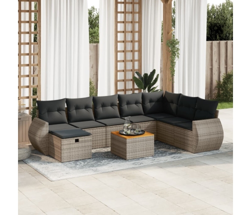 Set de sofás de jardín con cojines 9 pzas ratán sintético gris