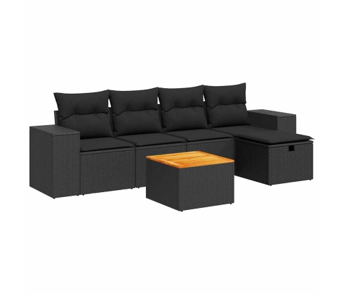 Set de sofás de jardín 6 piezas y cojines ratán sintético negro