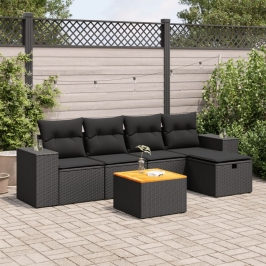 Set de sofás de jardín 6 piezas y cojines ratán sintético negro