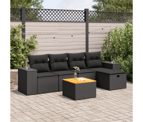 Set de sofás de jardín 6 piezas y cojines ratán sintético negro