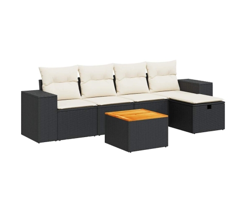 Set de sofás de jardín 6 piezas y cojines ratán sintético negro