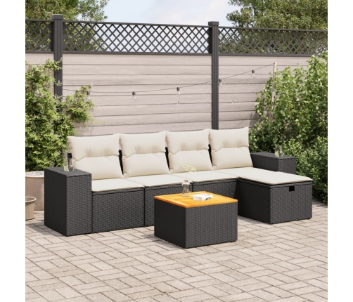 Set de sofás de jardín 6 piezas y cojines ratán sintético negro