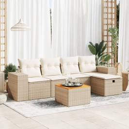Juego de sofás jardín con cojines 6 pzas ratán sintético beige