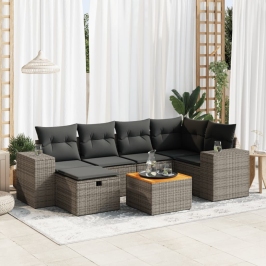 Set de sofás de jardín 7 pzas con cojines ratán sintético gris