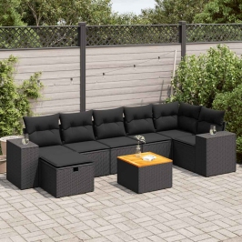 Set de sofás de jardín y cojines 8 piezas ratán sintético negro
