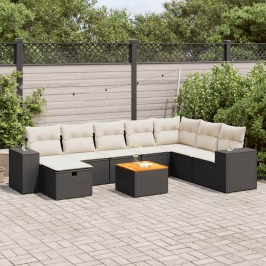 Set de sofás de jardín con cojines 9 pzas ratán sintético negro