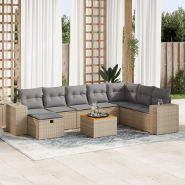 Set de sofás de jardín con cojines 9 pzas ratán sintético beige