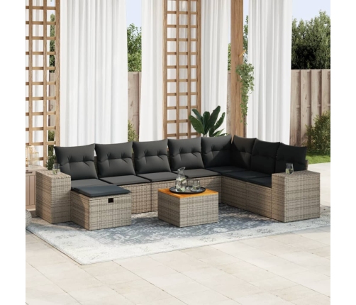 Set de sofás de jardín con cojines 9 pzas ratán sintético gris