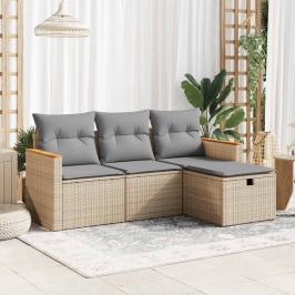 Juego de sofás jardín con cojines 4 pzas ratán sintético beige