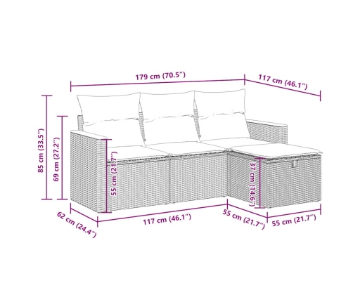 Set de sofás de jardín 4 pzas y cojines ratán sintético gris