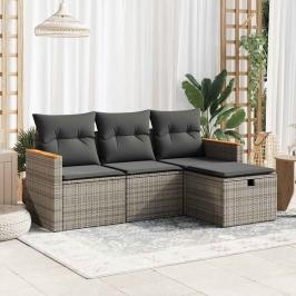 Set de sofás de jardín 4 pzas y cojines ratán sintético gris