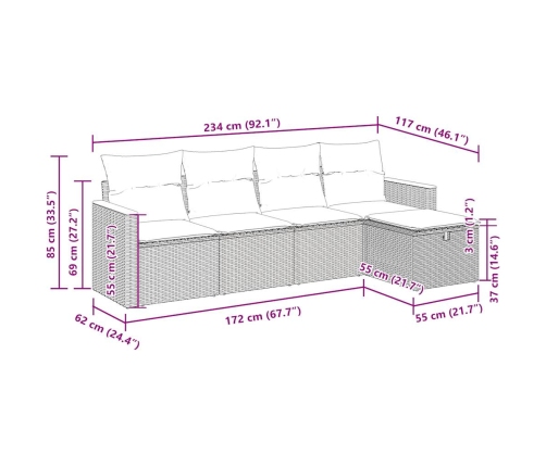 Set de muebles de jardín 5 pzas y cojines ratán sintético negro