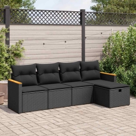 Set de muebles de jardín 5 pzas y cojines ratán sintético negro