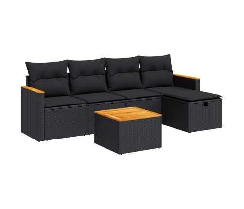 Set de sofás de jardín 6 piezas y cojines ratán sintético negro