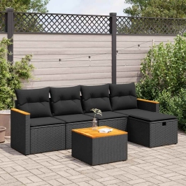 Set de sofás de jardín 6 piezas y cojines ratán sintético negro