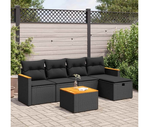 Set de sofás de jardín 6 piezas y cojines ratán sintético negro