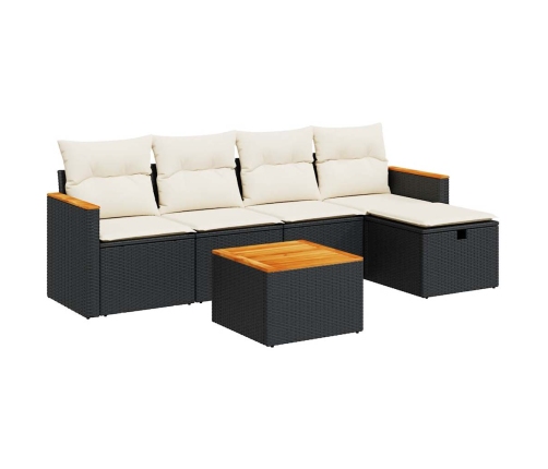 Set de sofás de jardín 6 piezas y cojines ratán sintético negro