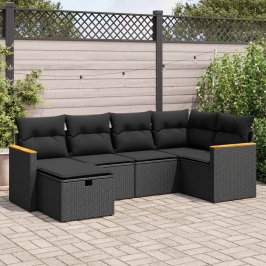 Set de sofás de jardín 6 piezas y cojines ratán sintético negro