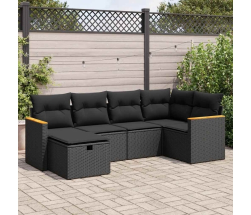 Set de sofás de jardín 6 piezas y cojines ratán sintético negro