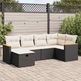 Set de sofás de jardín 6 piezas y cojines ratán sintético negro