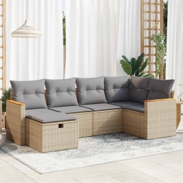 Juego de sofás jardín con cojines 6 pzas ratán sintético beige
