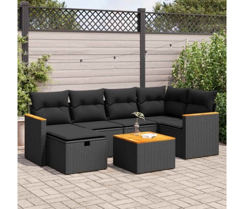 Set de sofás de jardín 7 pzas con cojines ratán sintético negro