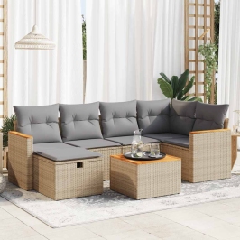 Set sofás de jardín 7 piezas y cojines ratán sintético beige