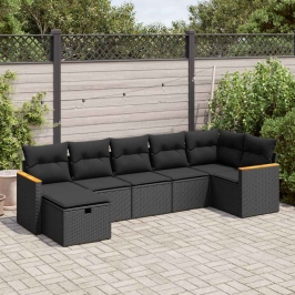 Set de sofás de jardín 7 pzas con cojines ratán sintético negro