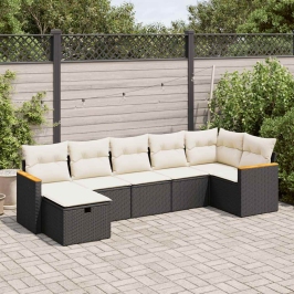 Set de sofás de jardín 7 pzas con cojines ratán sintético negro