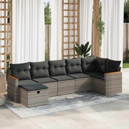 Set de sofás de jardín 7 pzas con cojines ratán sintético gris
