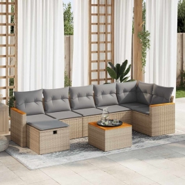 Set de sofás de jardín y cojines 8 piezas ratán sintético beige