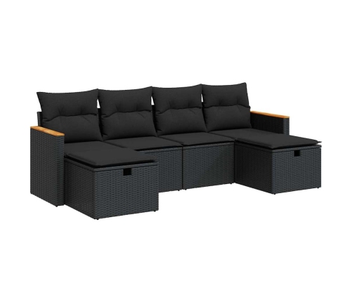 Set de sofás de jardín 6 piezas y cojines ratán sintético negro