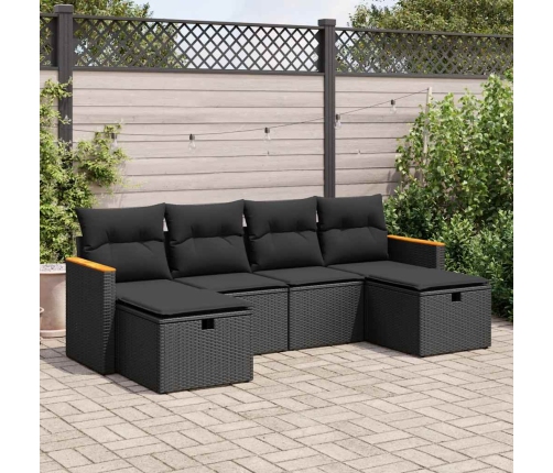 Set de sofás de jardín 6 piezas y cojines ratán sintético negro