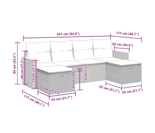 Set de muebles de jardín 6 pzas y cojines ratán sintético gris