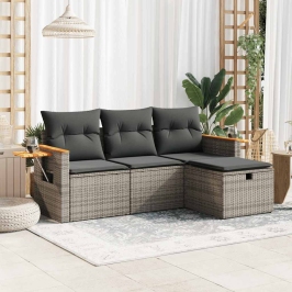 Set de sofás de jardín 4 pzas y cojines ratán sintético gris