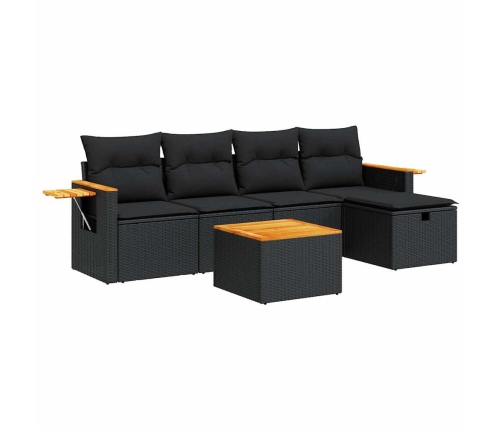 Set de sofás de jardín 6 piezas y cojines ratán sintético negro