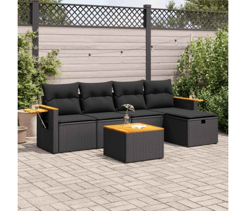 Set de sofás de jardín 6 piezas y cojines ratán sintético negro