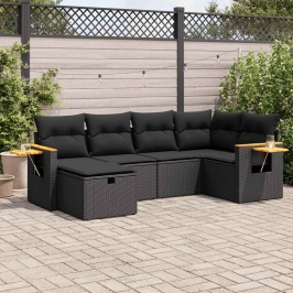 Set de sofás de jardín 6 piezas y cojines ratán sintético negro