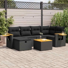 Set de sofás de jardín 7 pzas con cojines ratán sintético negro
