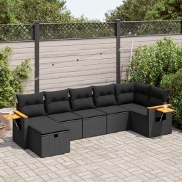 Set de sofás de jardín 7 pzas con cojines ratán sintético negro