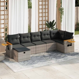 Set de sofás de jardín 7 pzas con cojines ratán sintético gris