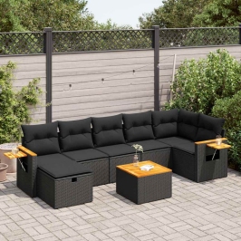 Set de sofás de jardín y cojines 8 piezas ratán sintético negro