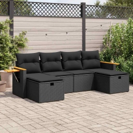 Set de sofás de jardín 6 piezas y cojines ratán sintético negro
