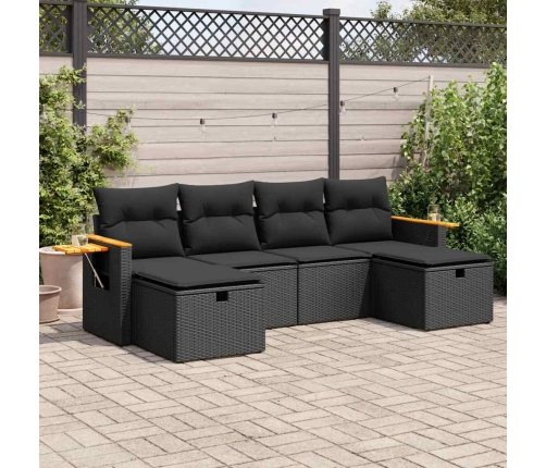 Set de sofás de jardín 6 piezas y cojines ratán sintético negro