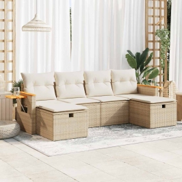 Juego de sofás jardín con cojines 6 pzas ratán sintético beige