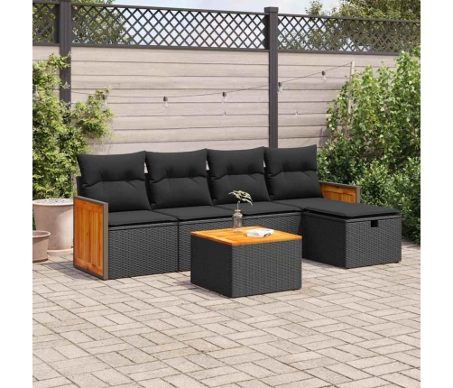 Set de sofás de jardín 6 piezas y cojines ratán sintético negro