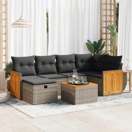 Set de sofás de jardín 7 pzas con cojines ratán sintético gris