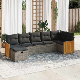 Set de sofás de jardín 7 pzas con cojines ratán sintético gris