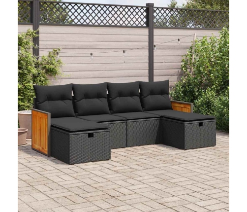 Set de sofás de jardín 6 piezas y cojines ratán sintético negro