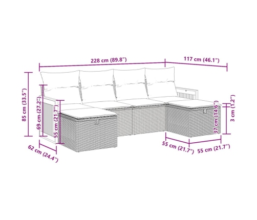 Set de muebles de jardín 6 pzas y cojines ratán sintético gris